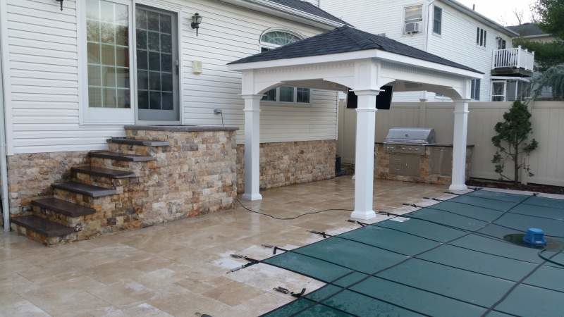 Backyard Stone Steps and Floor with Poolside Pavilion