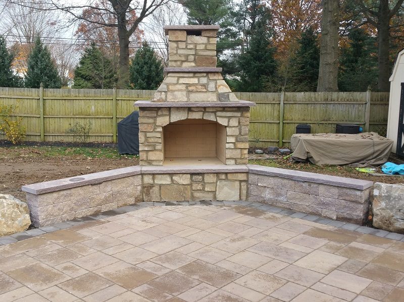 Real Stone Fireplace with Techo-Bloc Walls
